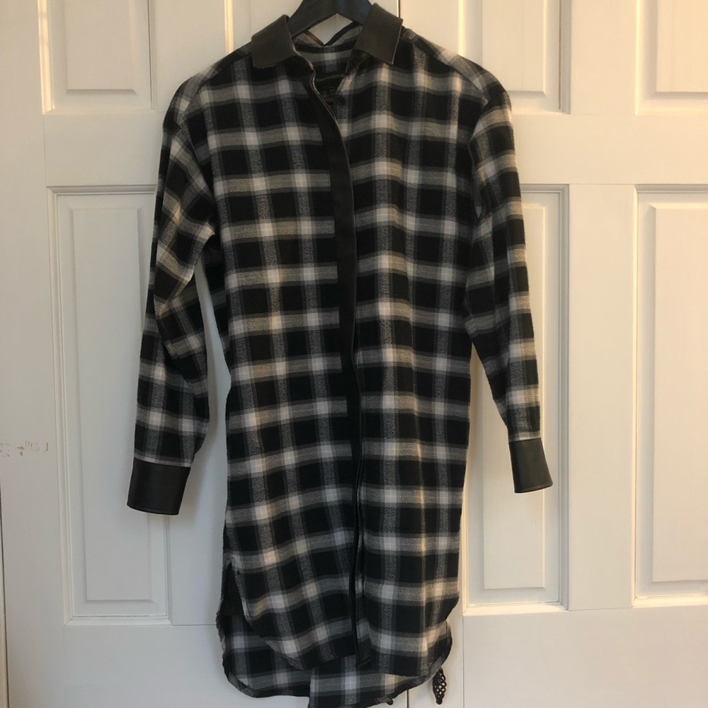 Flannel dress with faux leather trim